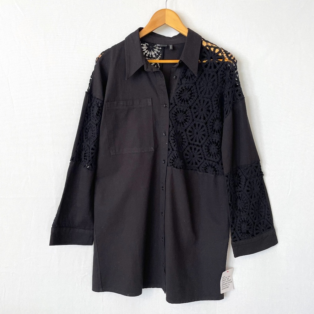ASOS US Size 6 EU38 Black Crochet Button Front Tunic Dress Oversized Shirt NEW